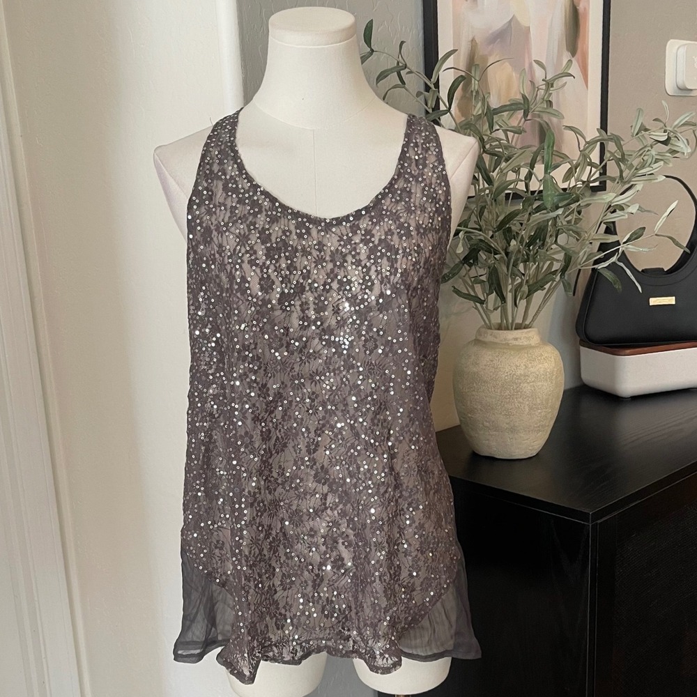 Fairy Lace Sequin Tank Top Womens Large Gray Racerback silver y2k